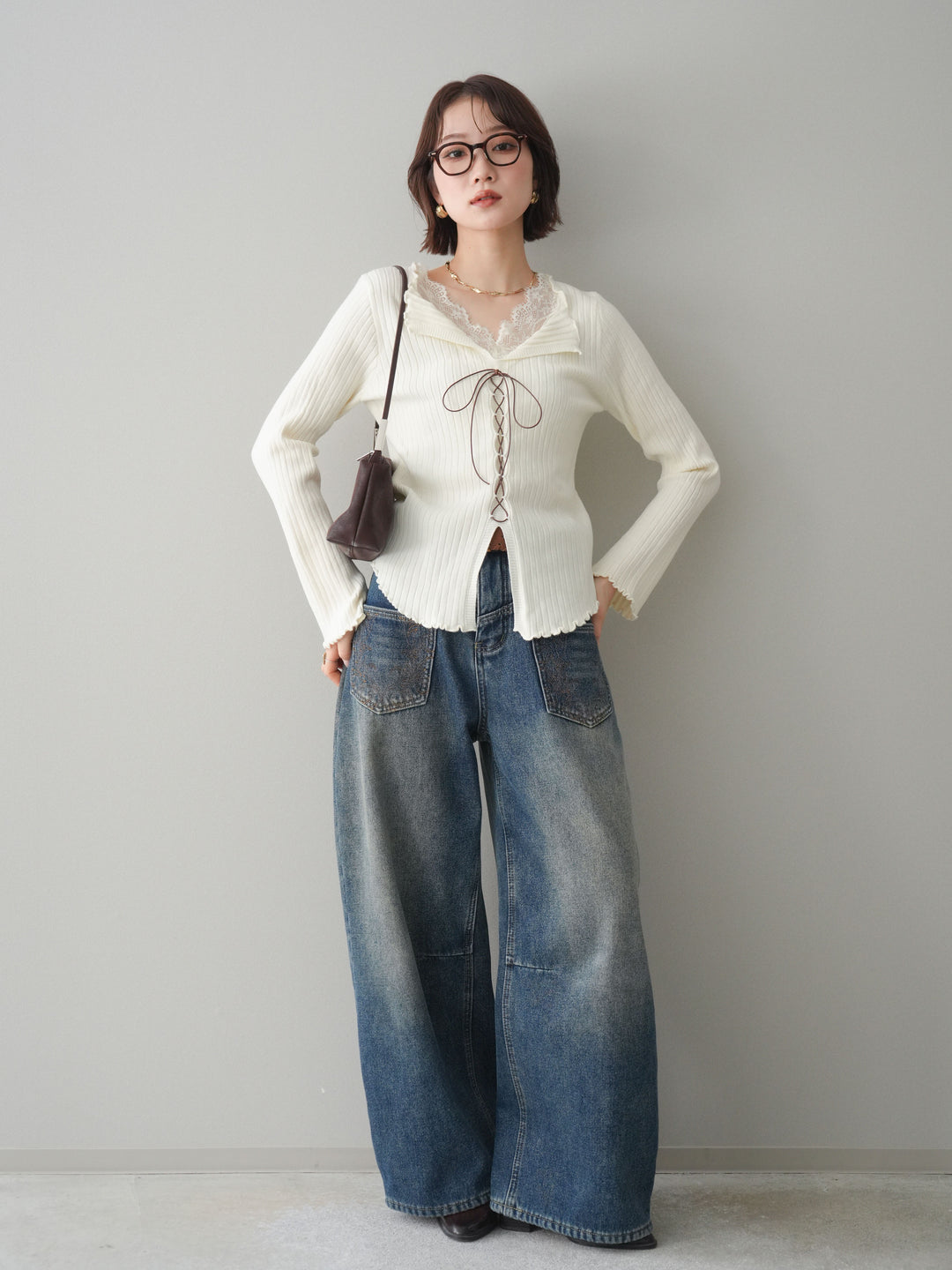 [予約]レースネックレースアップリブニットトップス/ivory