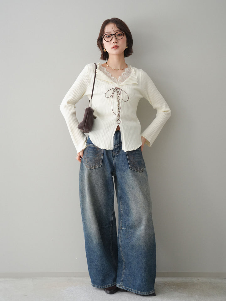 [予約]レースネックレースアップリブニットトップス/ivory