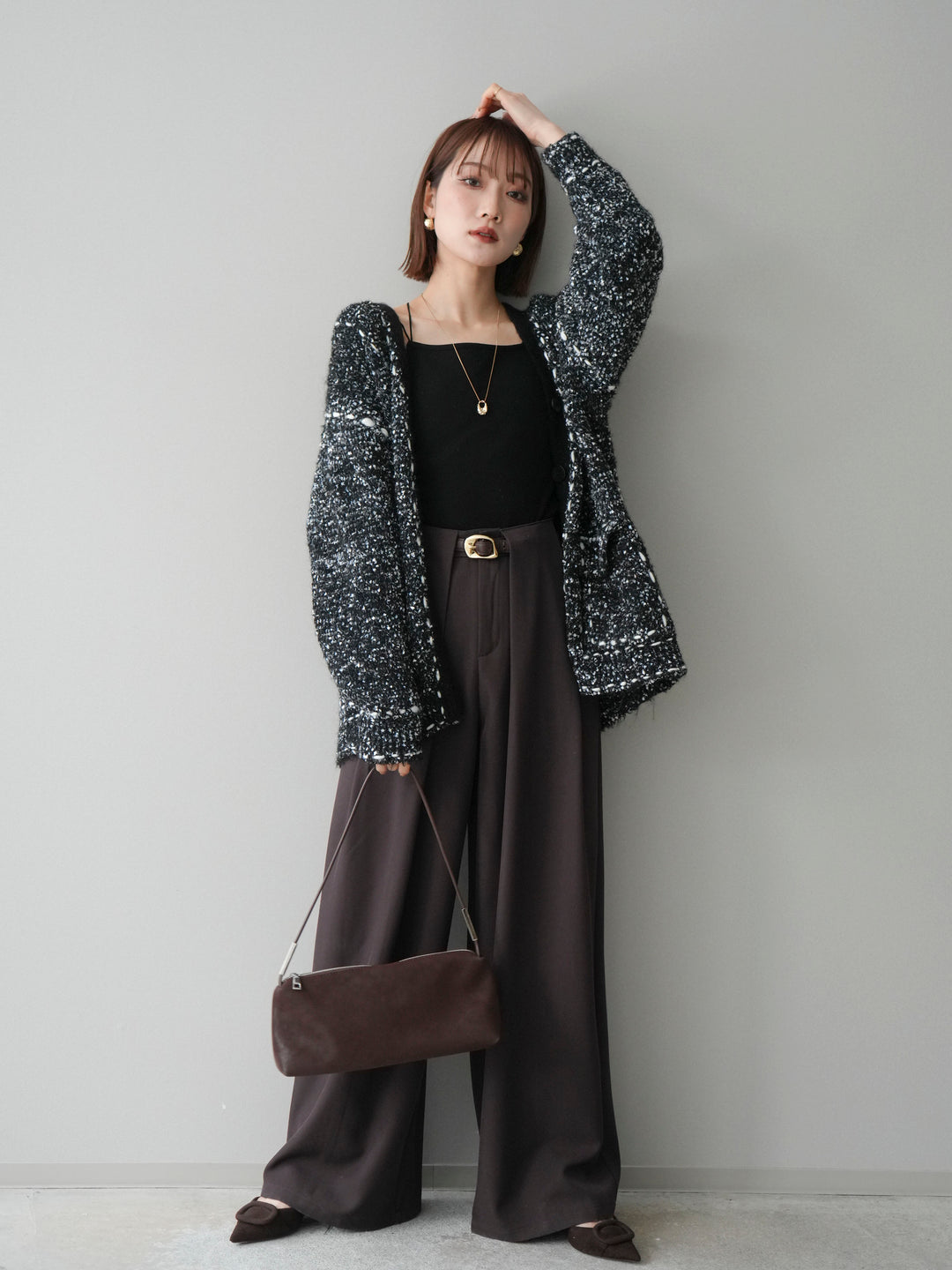 [SET]ブークレハンドステッチニットカーディガン+ベルトループデザインワイドパンツ(2set)