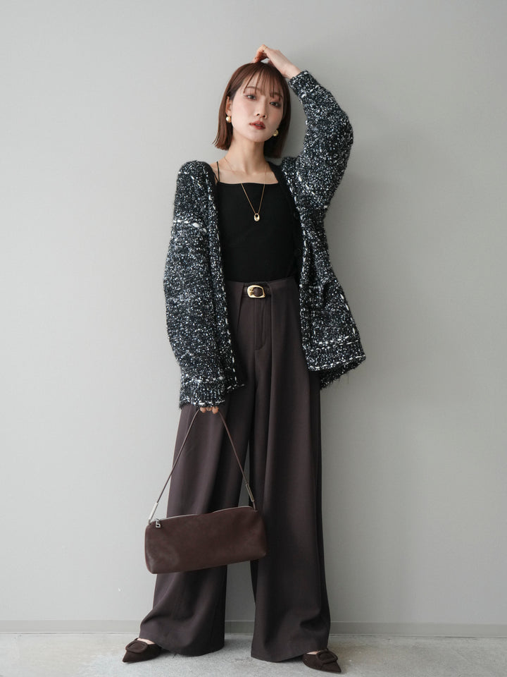 [SET]ブークレハンドステッチニットカーディガン+ベルトループデザインワイドパンツ(2set)