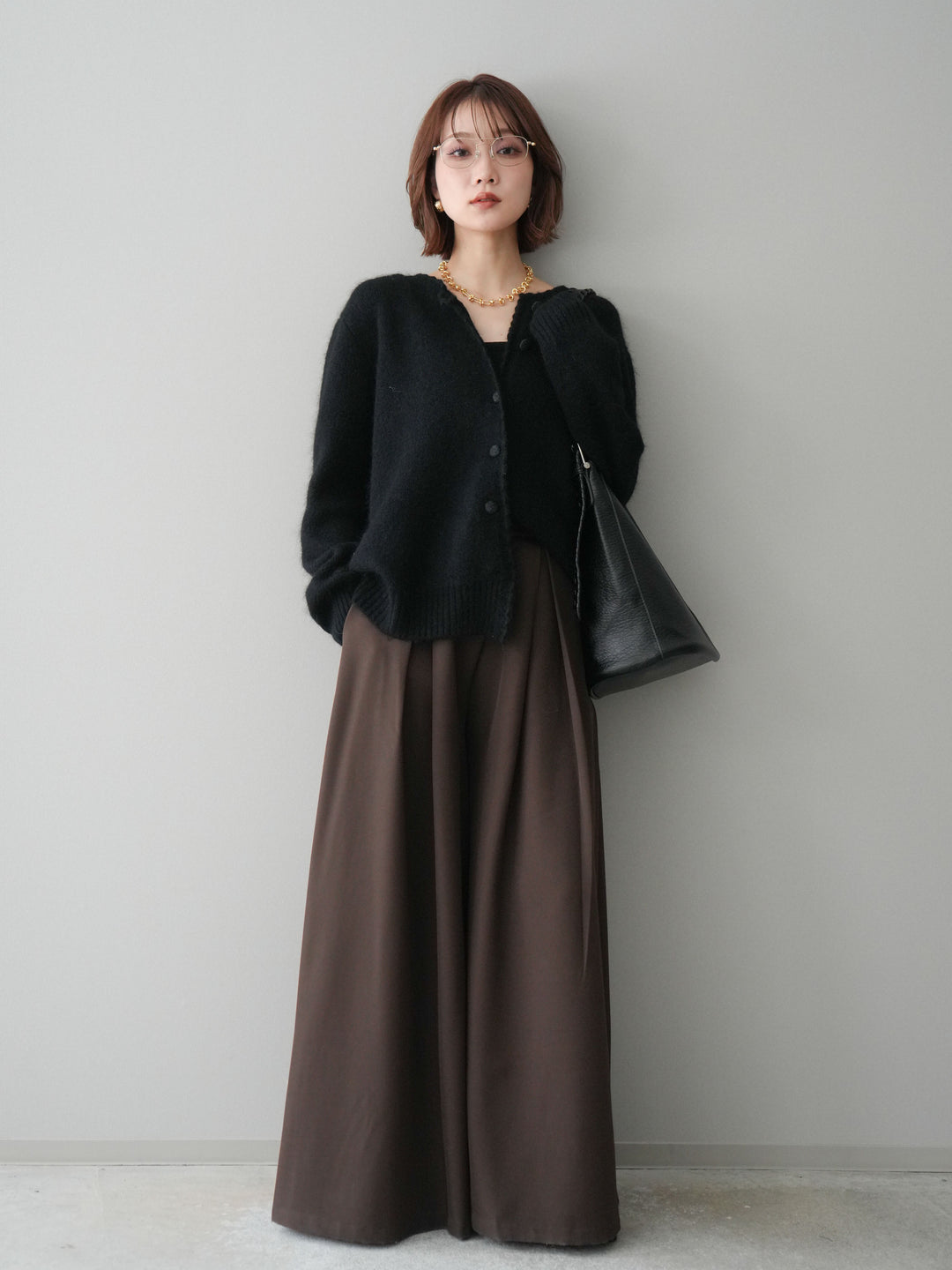 [SET]くるみボタンニットカーディガン+テープベルトタックバギーパンツ(2set)