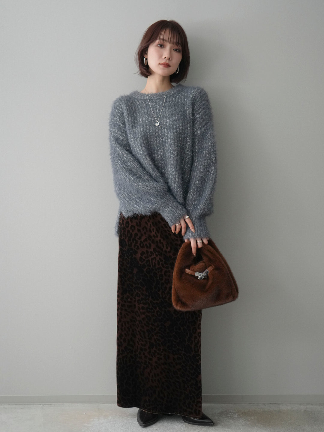 [SET]ボリュームスリーブシャギー MIXニットプルオーバー+レオパードベロアナロースカート(2set)