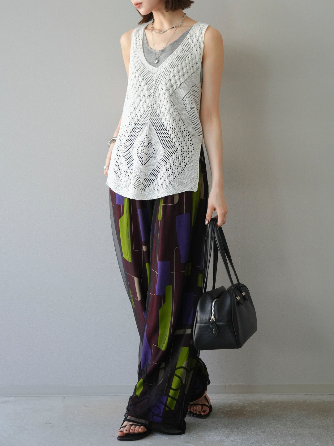 [予約]レーヨンフレックススラブレトロ柄ストレートパンツ/ワイン