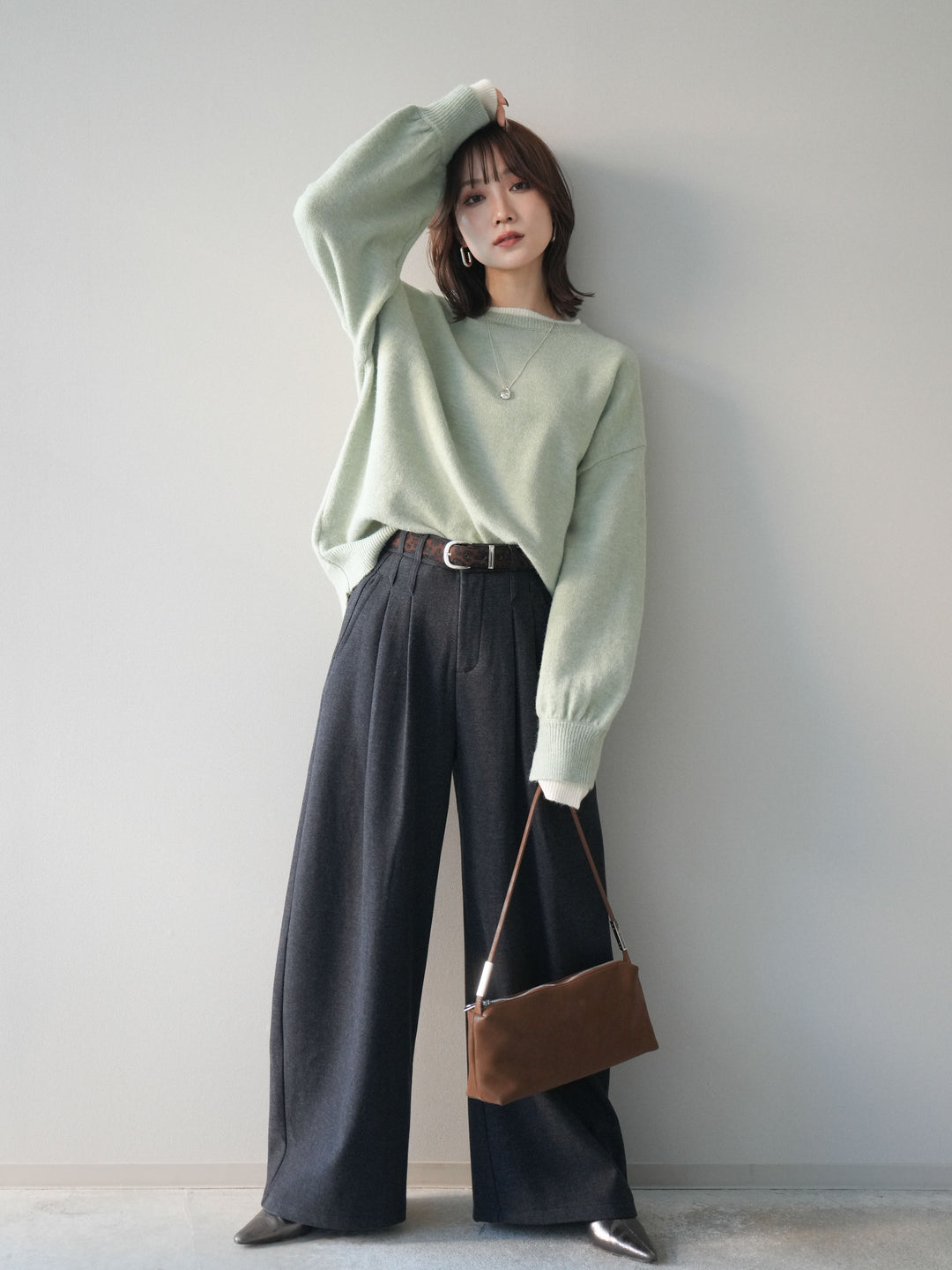 [予約]ヘンリーネック配色レイヤードニットプルオーバー/mint