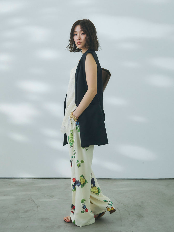 【魅力】[套裝] 混色中長款修身馬甲 + 植物印花休閒褲（兩件套）