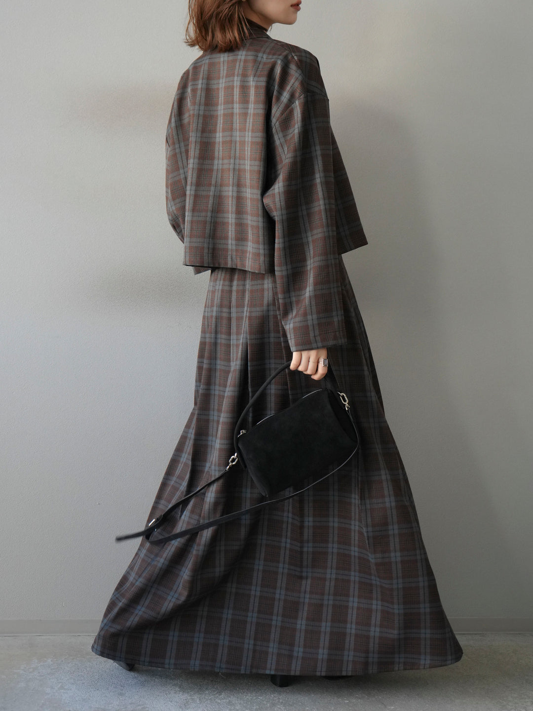 [SET]チェック柄ショートジャケット+チェック柄ベスト+チェック柄タックフレアスカート(3set)