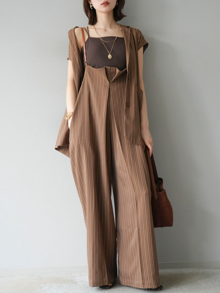 【着回しセット】[SET]ヘリンボーンストライプジレ+シアー切替ベロアトップス+ヘリンボーンストライプサロペット(3set)