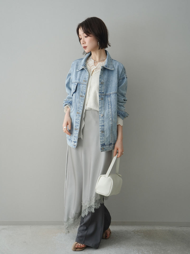 [SET]デザインBIGポケットオーバーデニムジャケット+レースネックジャガードニットカーディガン+サテンライクアシメレーススカート+センターシームフレアパンツ(4set))