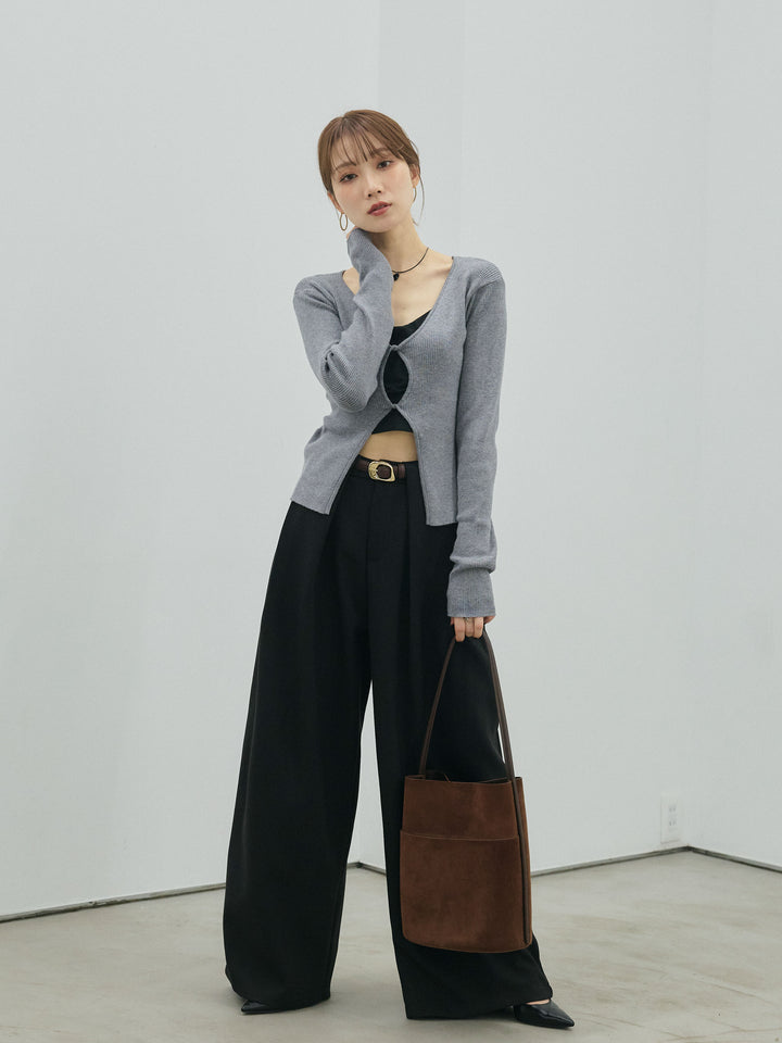 【Allure】[SET]フロントツイストホールリブニットトップス+ループデザインツイルワイドパンツ(2set)