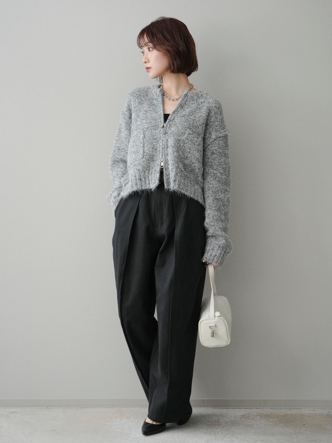 [SET]ミックスヤーンダブルZIPニットカーディガン+コットンツイルカーブパンツ(2set)