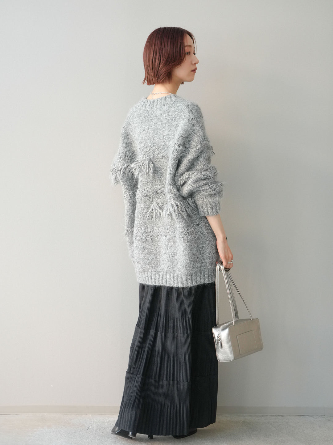 [SET]ミックスヤーンフリンジデザインニットジャケット+型押しスエードティアードプリーツスカート(2set)