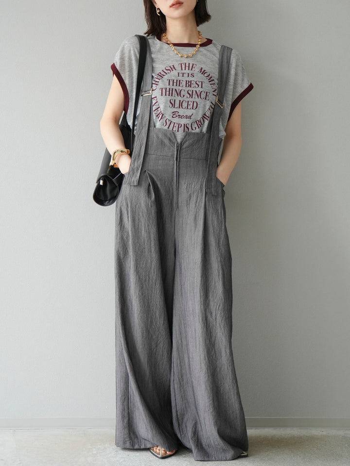 [SET]ストリングデザインハイウエストサロペット+シアーフライス ロゴプリントT (2set)