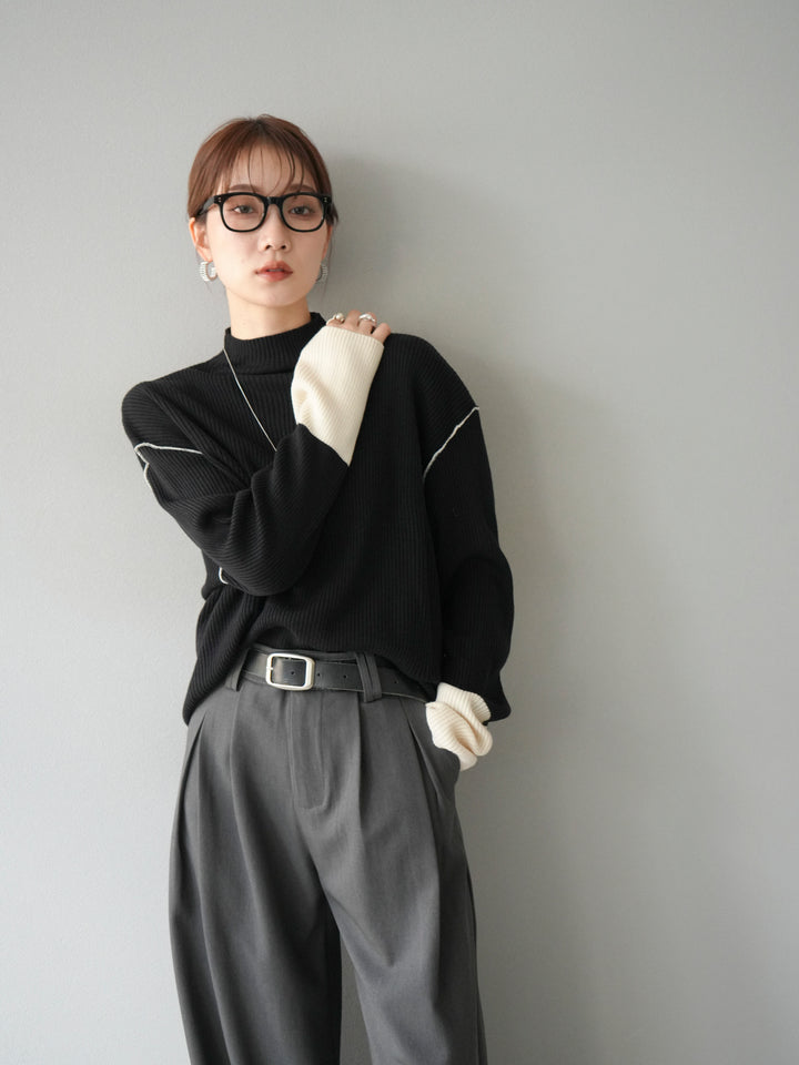 [予約]ボトルネック配色リブニットプルオーバー/ブラック×エクリュ