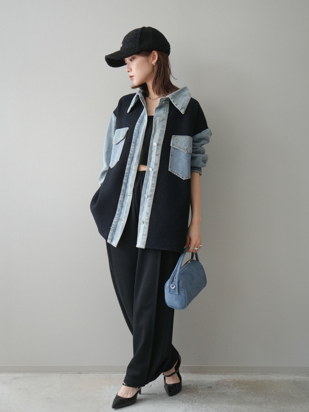 [SET]デニム襟ダブルフェイスニットカーディガン+2WAYデザインスウェットパンツ(2set)