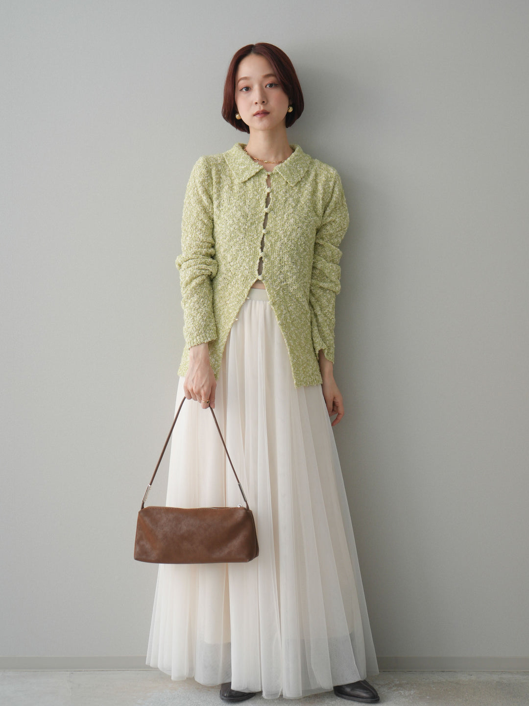 [SET]透かし編みブークレポロニットトップス+透かし編みブークレポロニットトップス(2set)