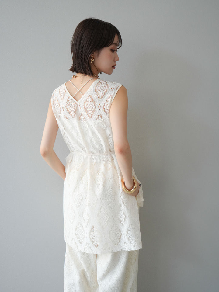 [予約]サテンパイピングレースノースリーブトップス/アイボリー