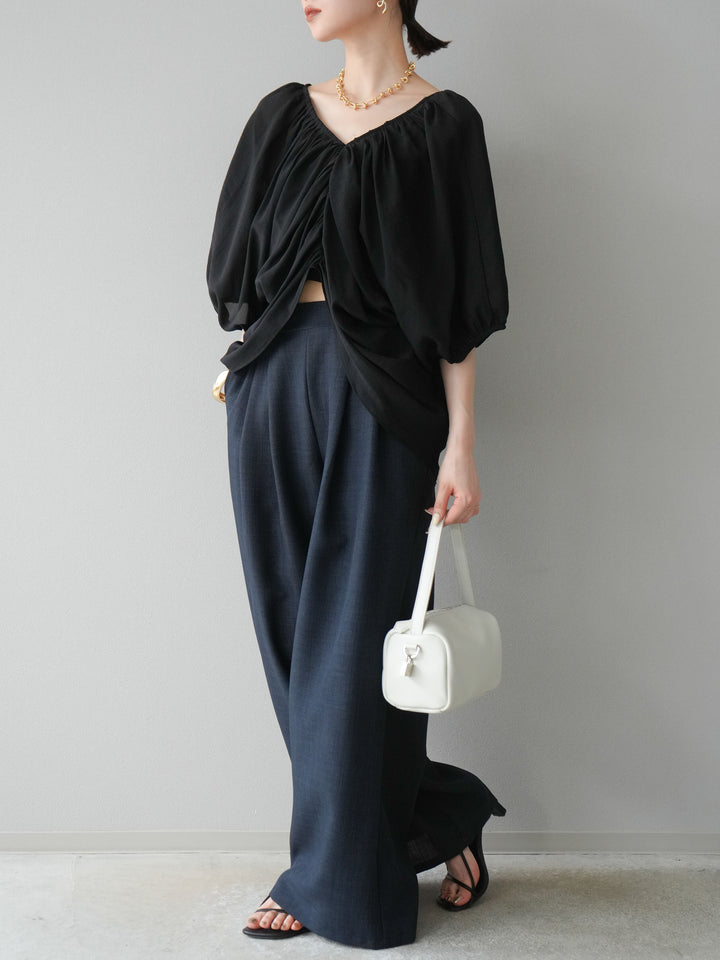 [SET]ボリュームスリーブシアータックブラウス+リネンライクイージーワイドパンツ(2set)