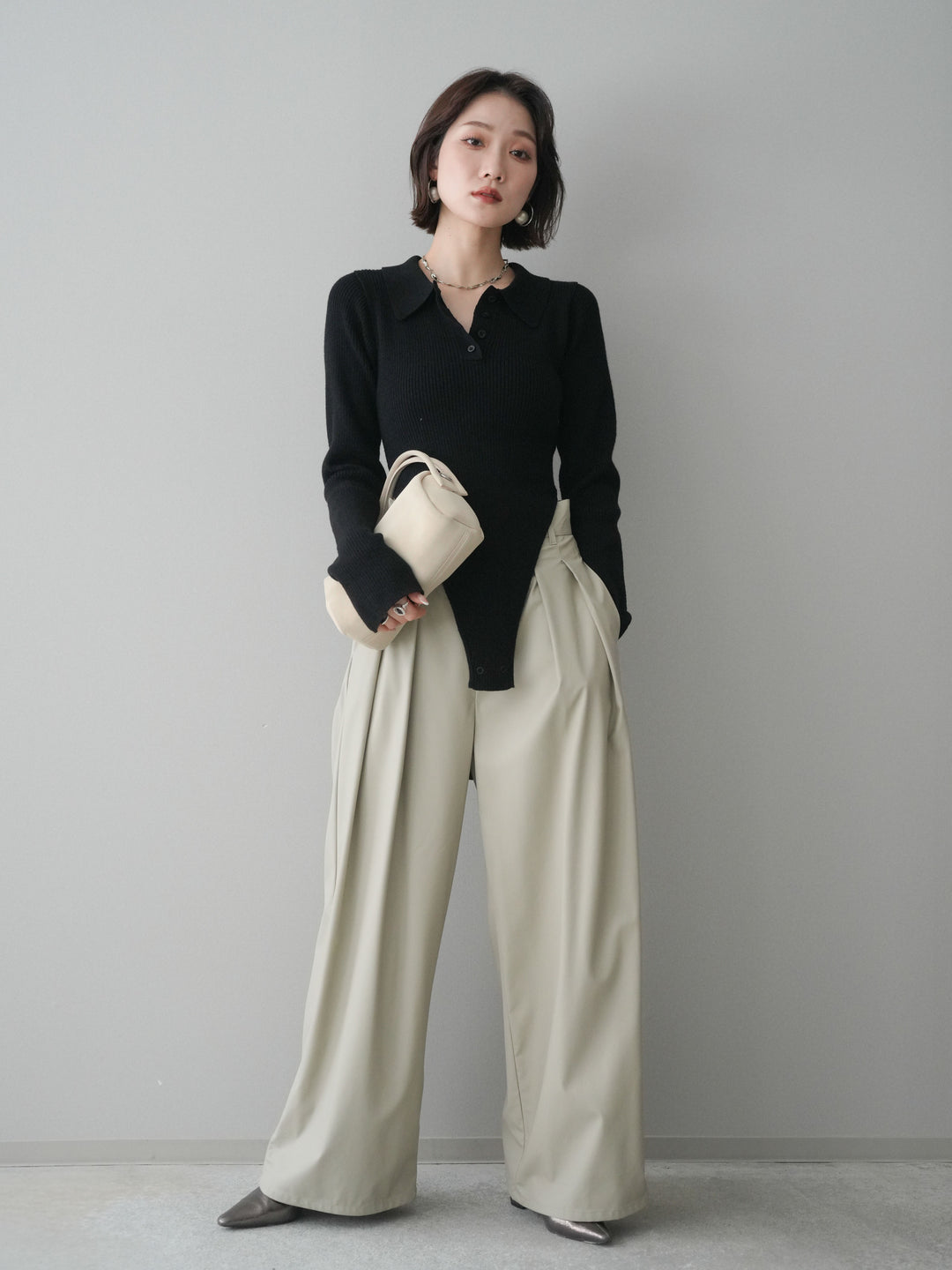 [予約]リブポロニットボディスーツ/black