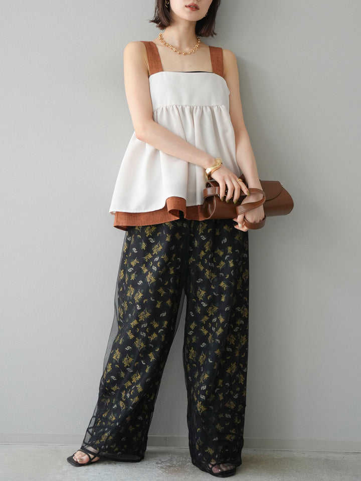 [SET]リネンライク配色フレアタンクトップ+コード刺繍チュールレイヤードパンツ+ブーケプリントタックパンツ(3set)