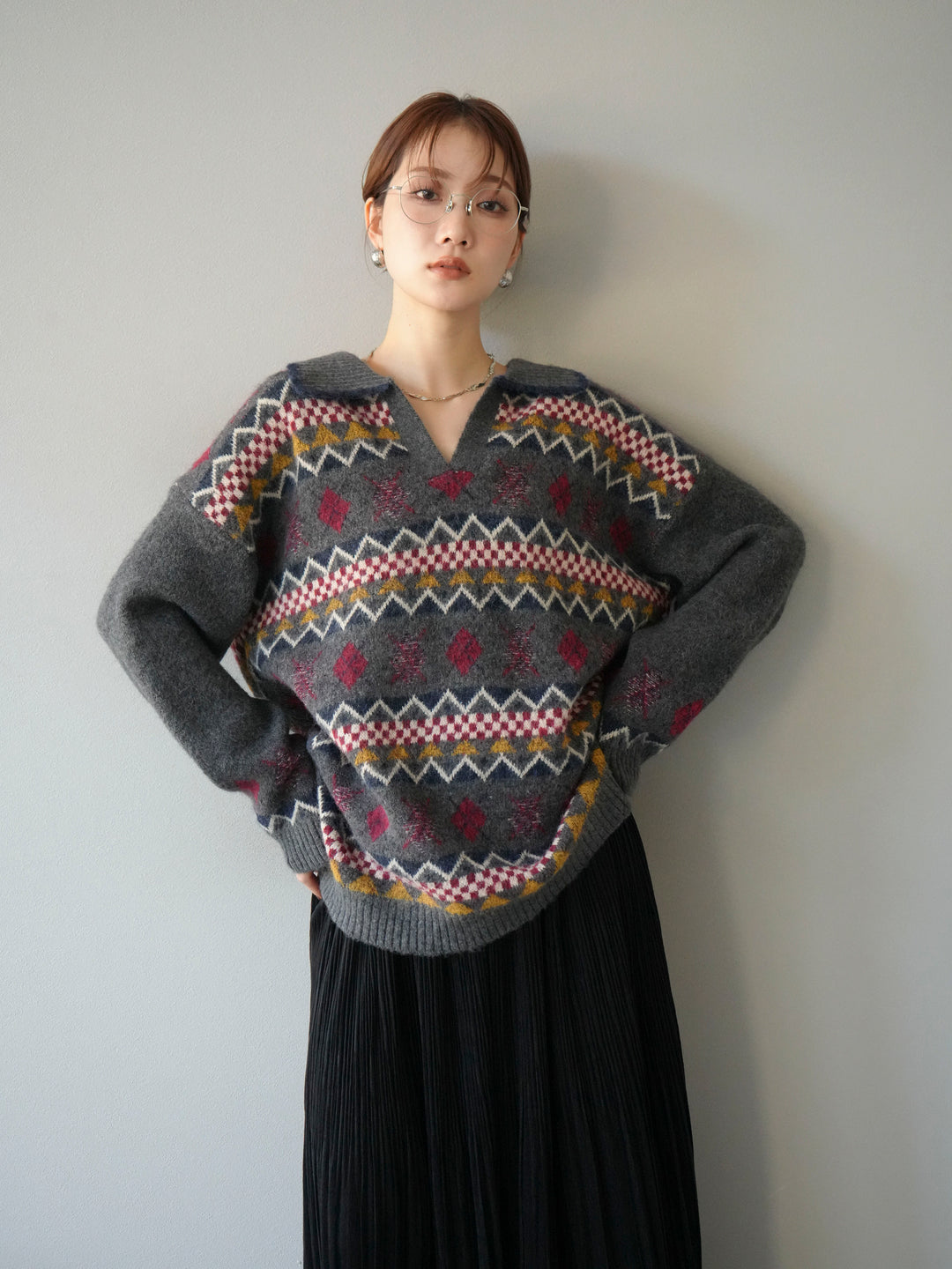 [予約]ノルディック柄ポロニットプルオーバー/チャコール