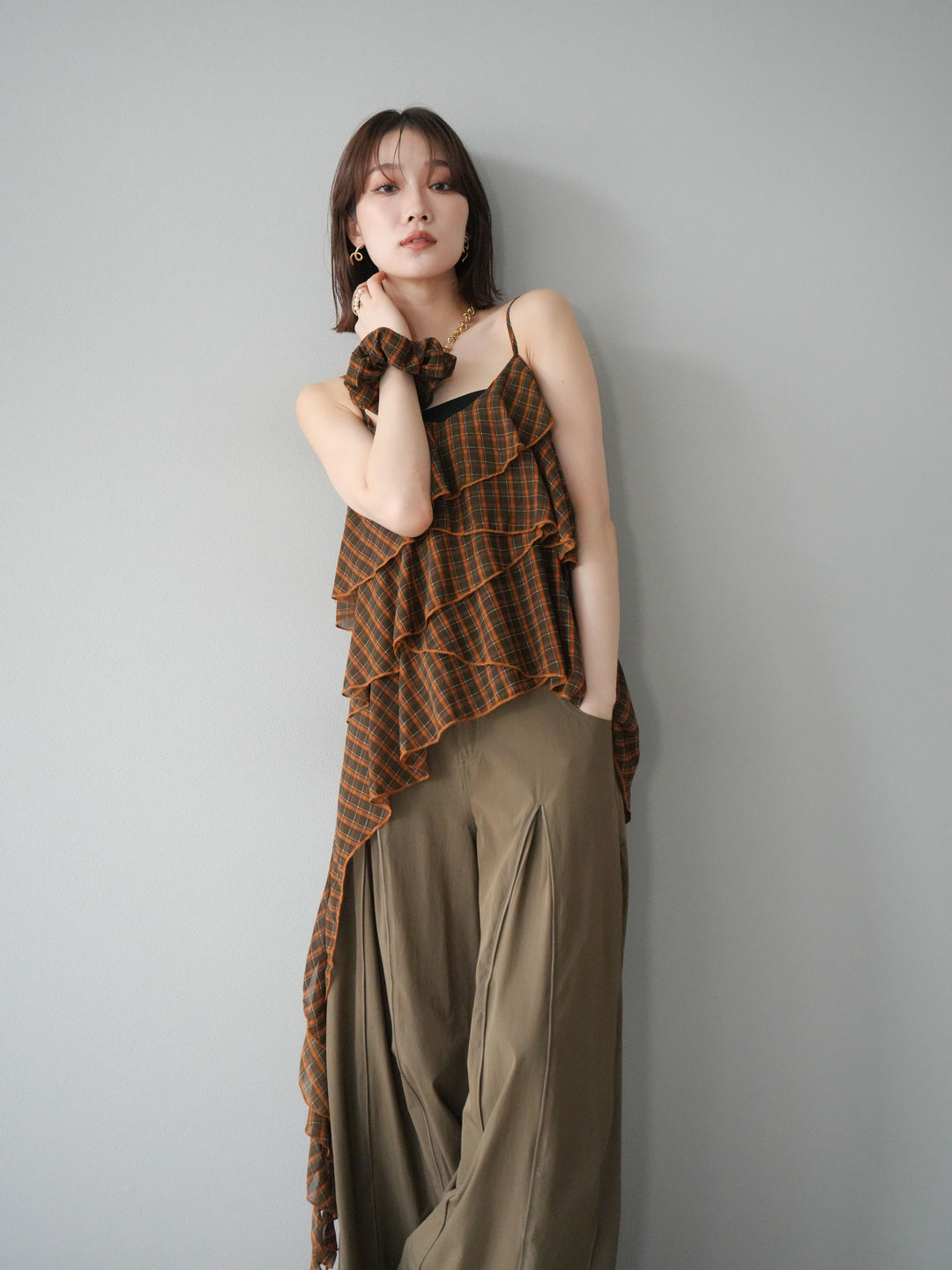 [予約]チェック柄ラッフルキャミソール/ブラウン
