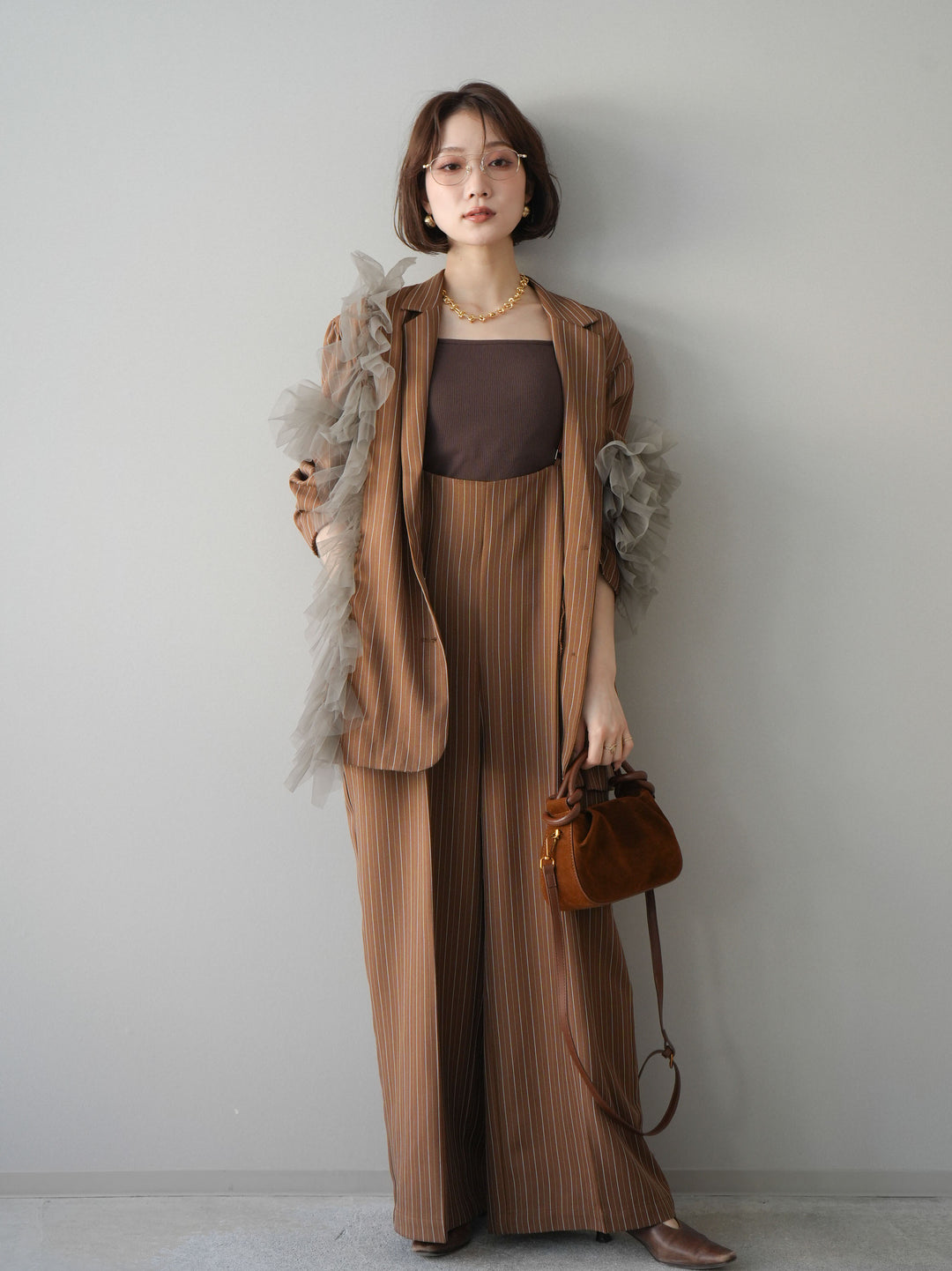 [予約]アシンメトリーチュールストライプジャケット/goldbrown