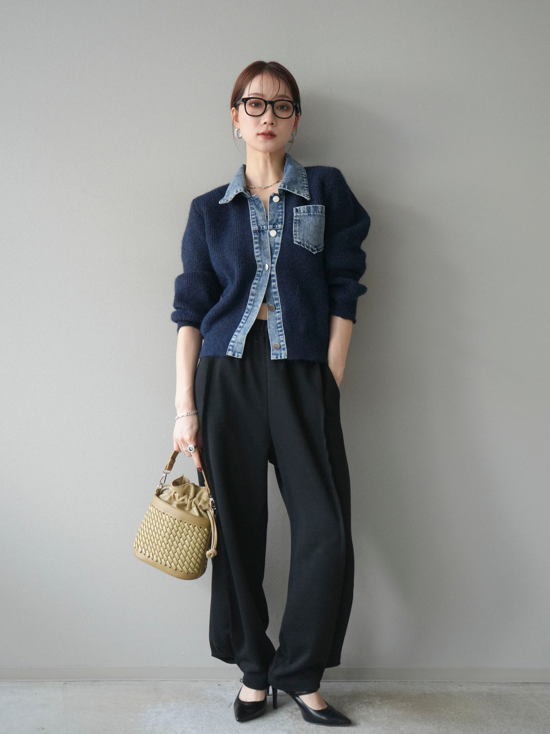 [予約]デニム襟ポケットニットカーディガン/navy