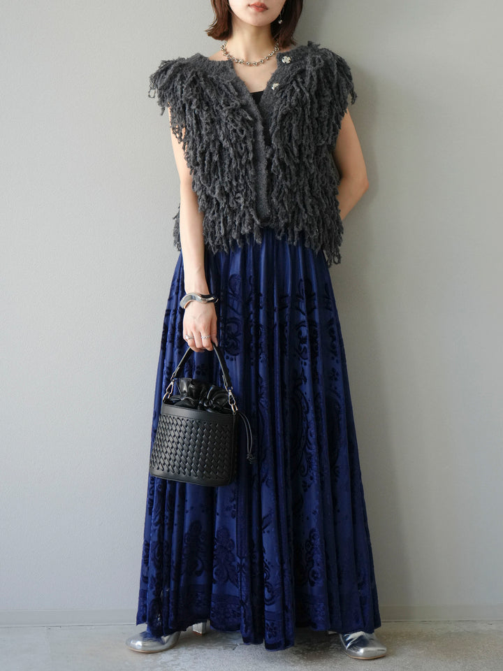 [SET]フリンジループニットベスト+アンティーク柄フロッキーマキシスカート(2set)