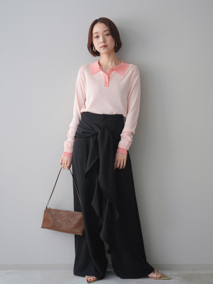 [SET]配色デザインシアーポロニット+ラッフルベルトワイドパンツ(2set)