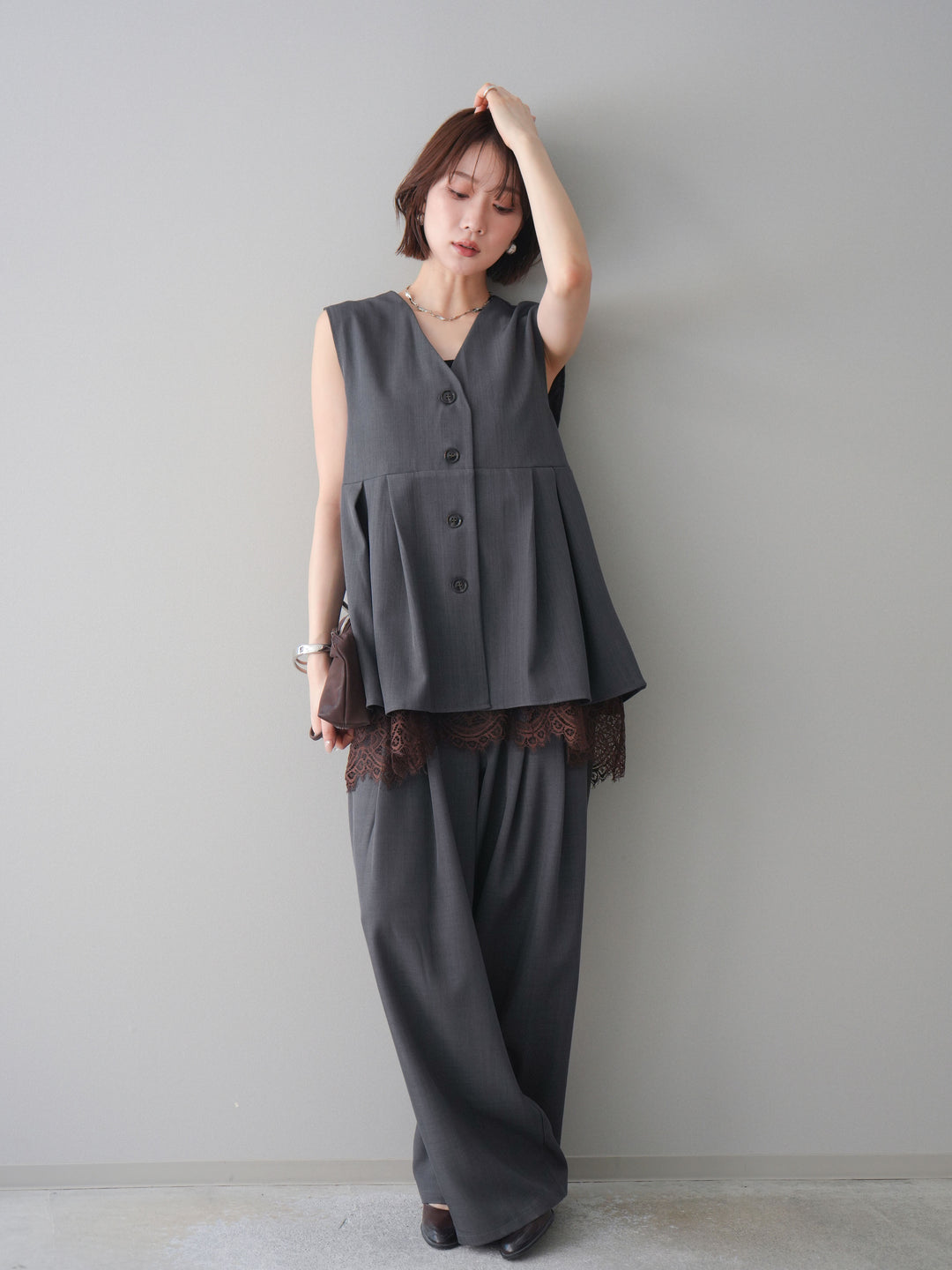 [予約]ウエストバイカラータックワイドパンツ/gray