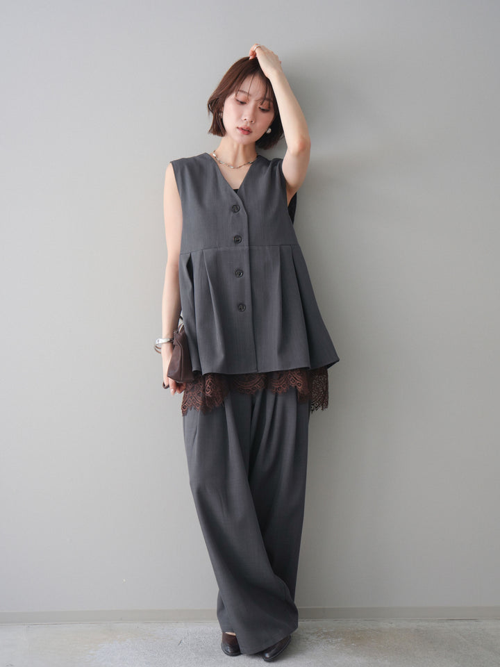 [予約]ウエストバイカラータックワイドパンツ/gray