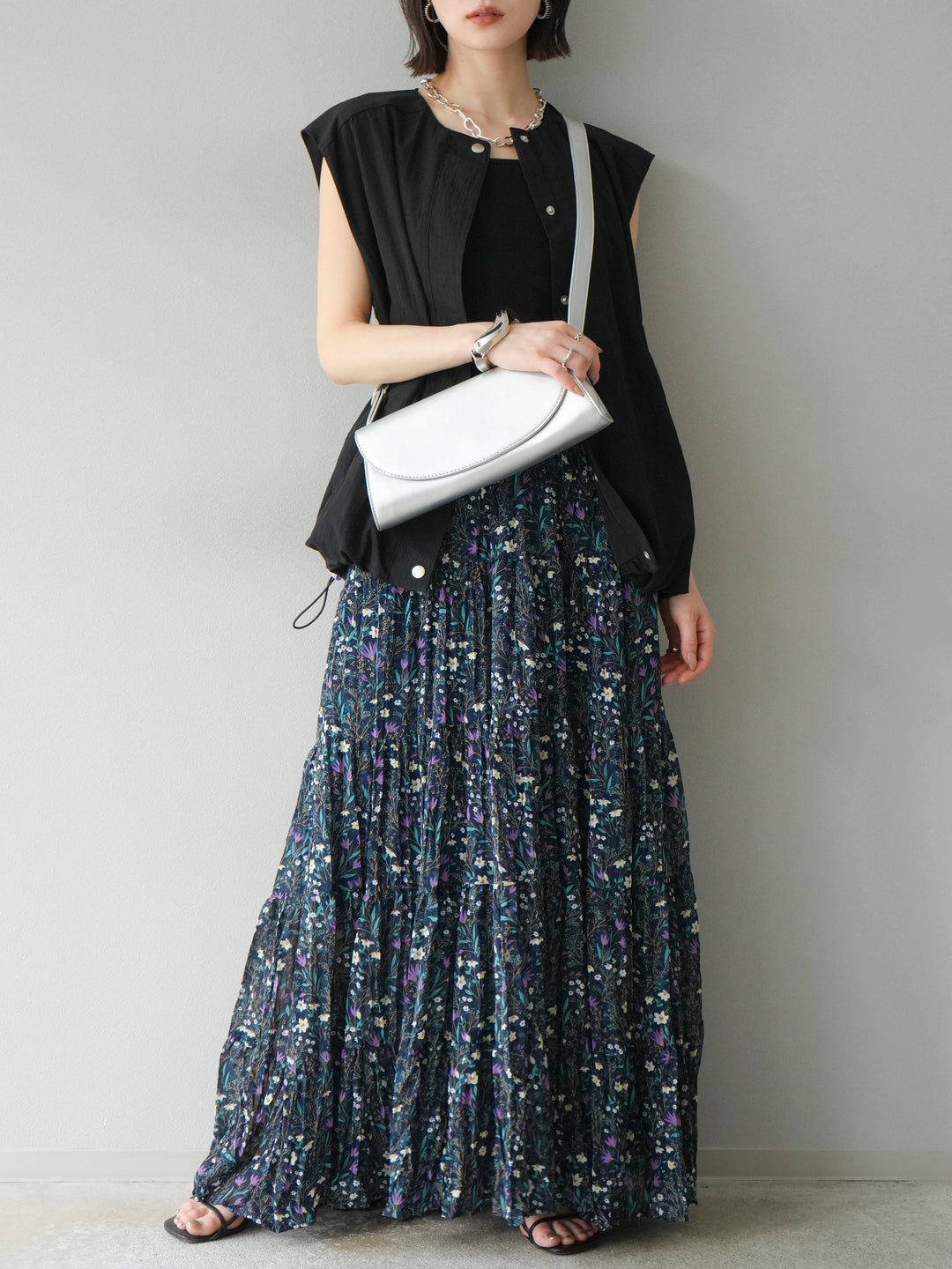 [SET]リネンライクドロストバルーンブルゾン+フラワーワッシャープリーツスカート(2set)