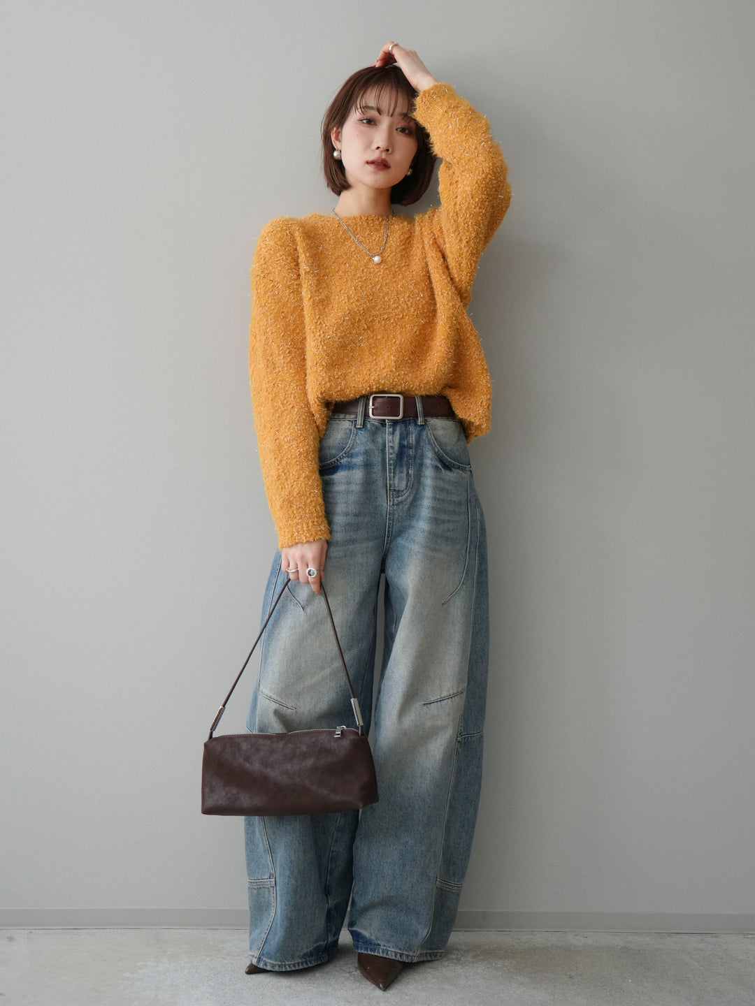 [SET]モールラメミックスヤーンニットプルオーバー+ベルト付カーブデニムパンツ(2set)