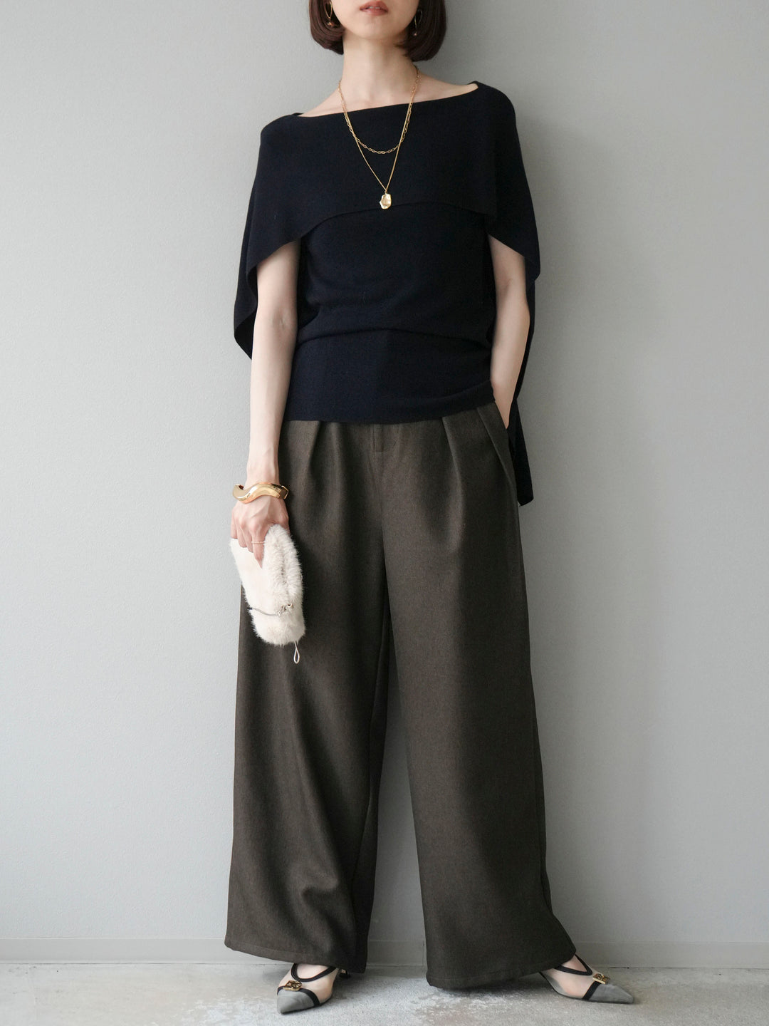 [予約]レザーパイピングタックワイドパンツ/ブラウン