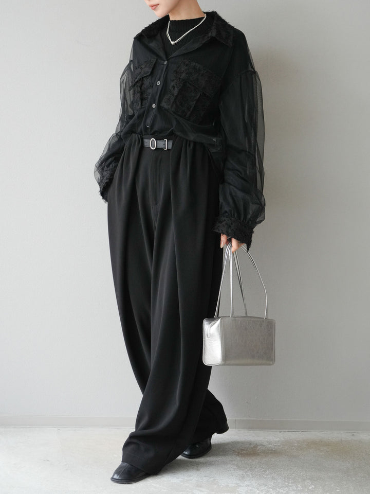 [SET]フリンジジャガード×チュールレイヤードシャツ+アームシャギーランダムリブニットトップス+ベルト付タックワイドパンツ(3set)