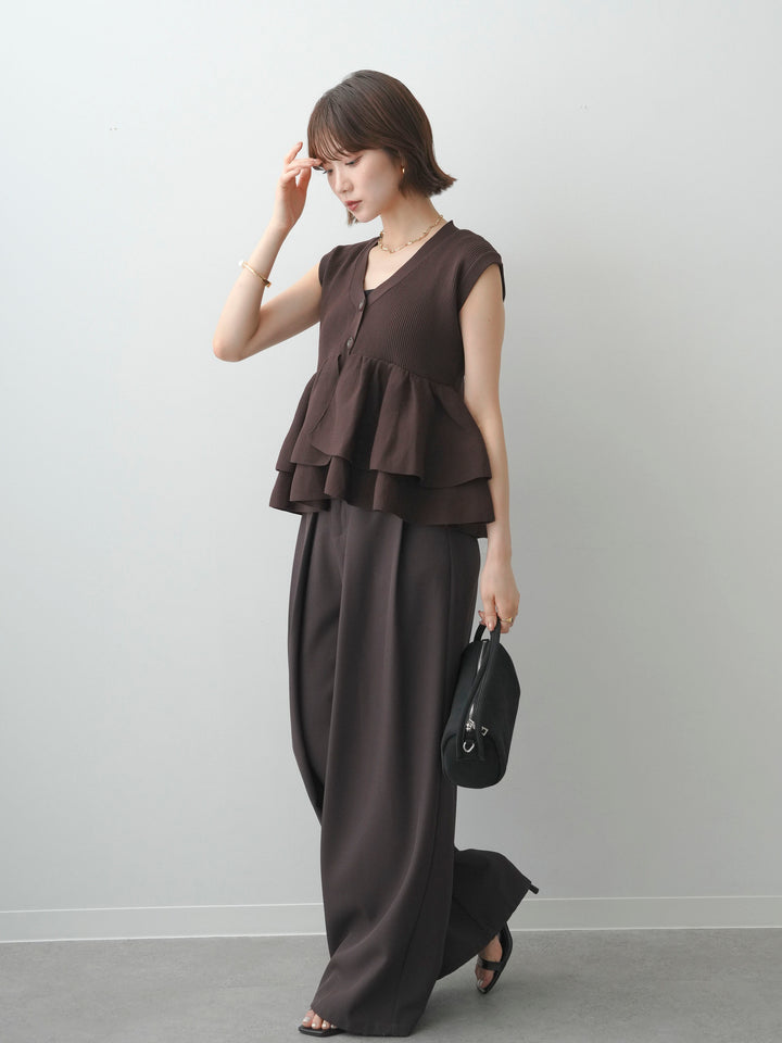 [予約]ダブルフリルペプラムノースリニットトップス/brown