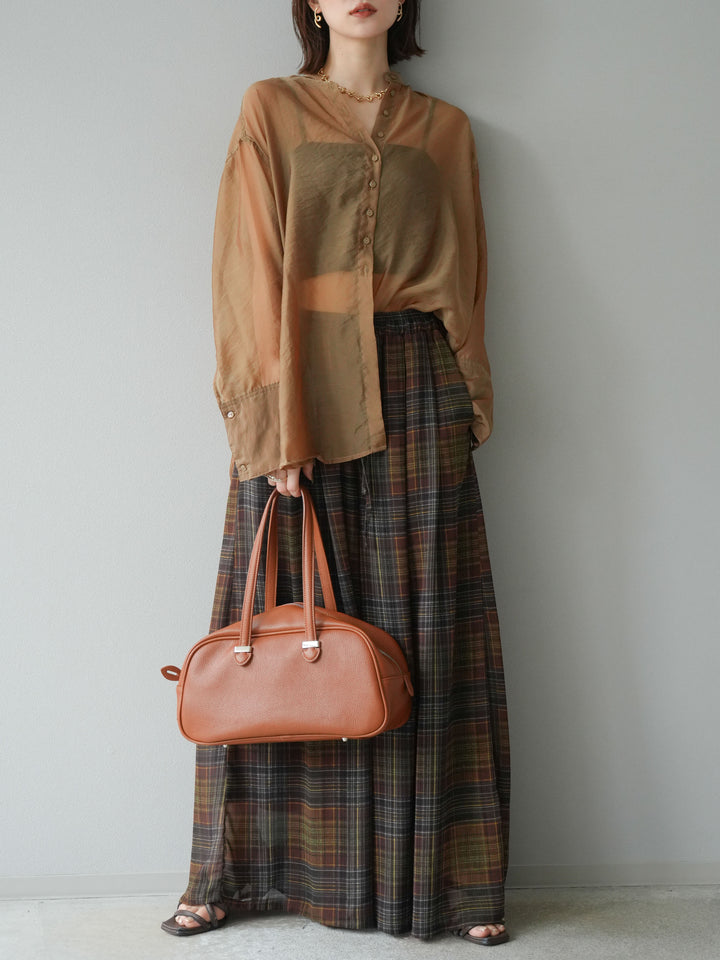 [SET] 亮面透視立領襯衫 + 透視格紋寬鬆褲 (2 件套)