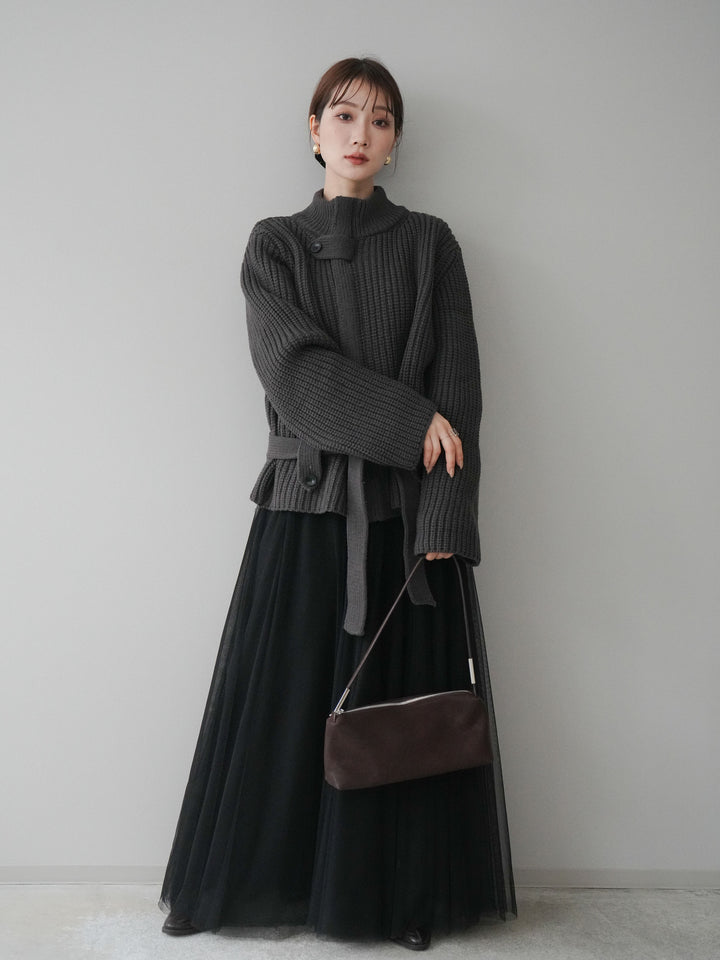 [SET]畦編みボトルネックZIPニットカーディガン+チュールボリュームスカート(2set)