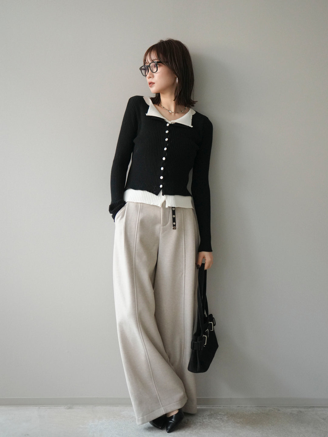 [予約]配色レイヤードリブニットカーディガン/black