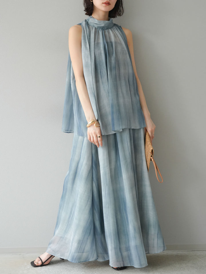 [SET]ニュアンスシアーホルターネックブラウス+ニュアンスシアーフレアスカート(2set)