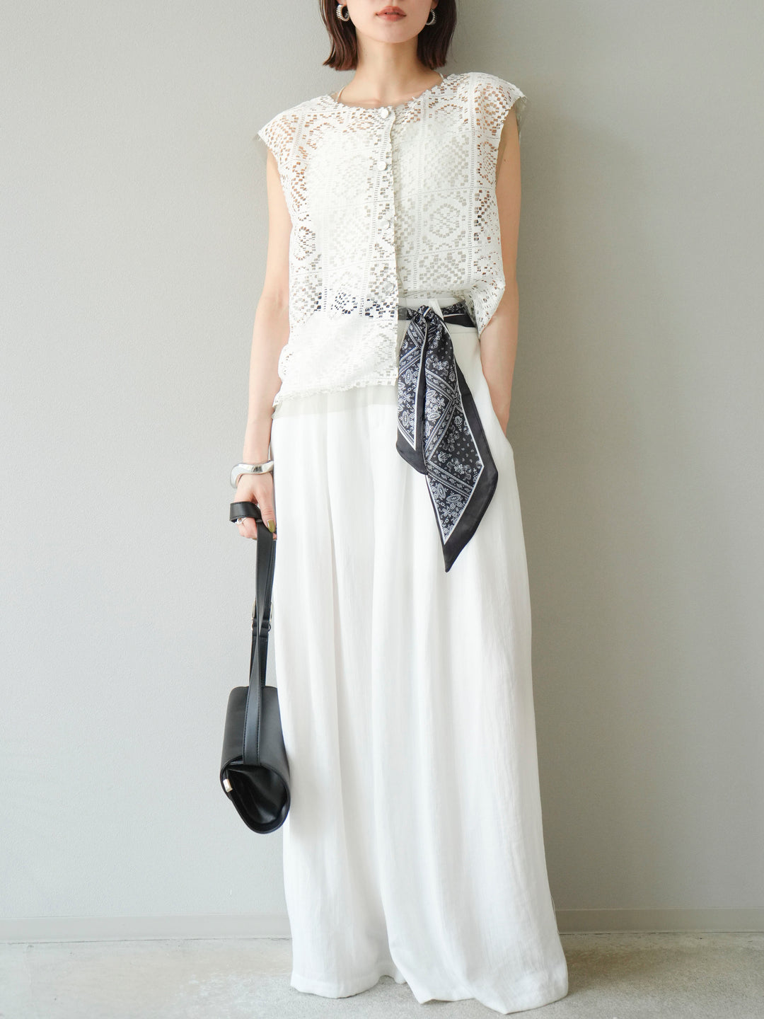 [予約]スカーフベルト付3タックワイドパンツ/オフ