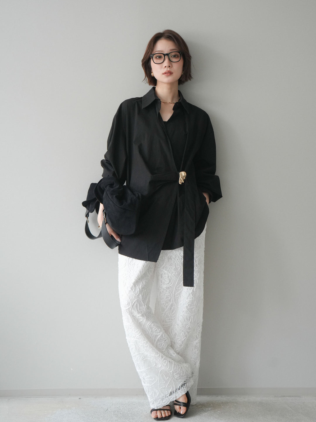 [SET]メタルパーツドレープシャツ+シアーコードレースイージーパンツ(2set)