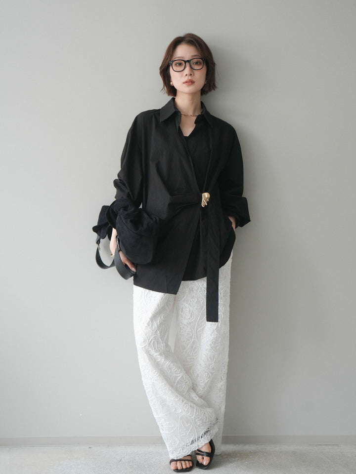 [SET]メタルパーツドレープシャツ+シアーコードレースイージーパンツ(2set)