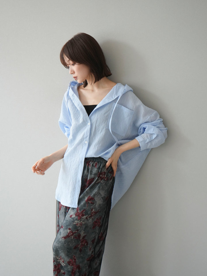 [予約]ワッシャーストライプフーディーシャツ/ブルー