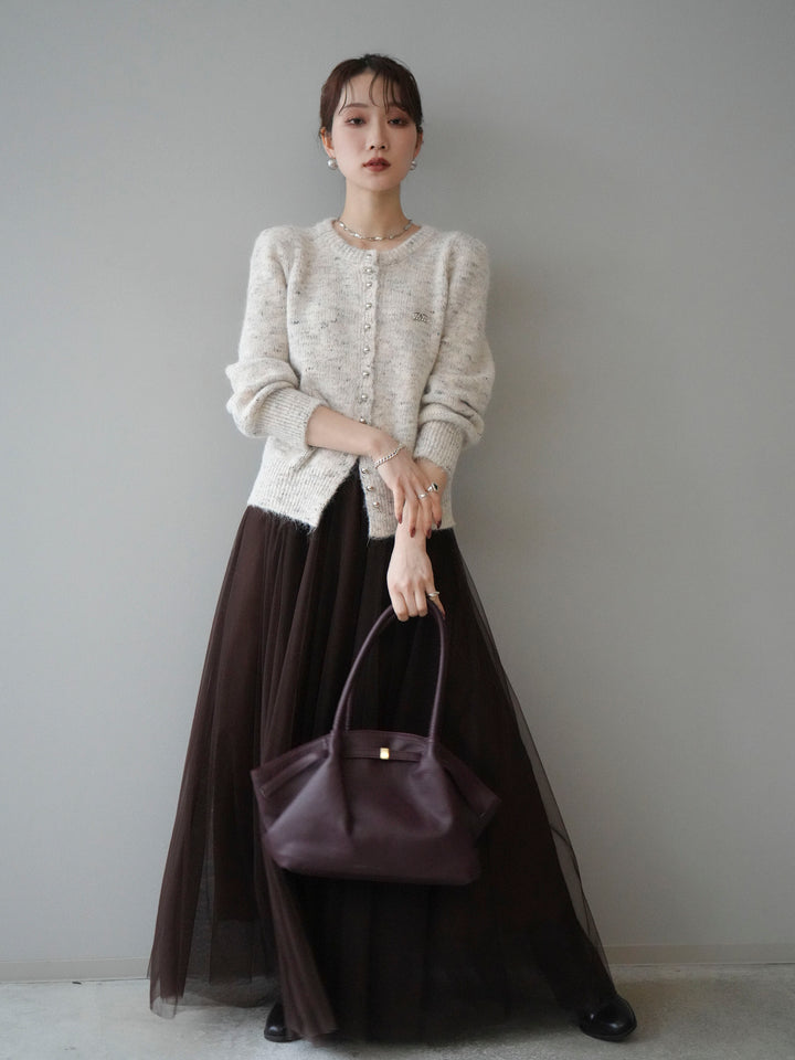 [SET]ブローチ付silverボタンミックスニットカーディガン+チュールボリュームスカート(2set)