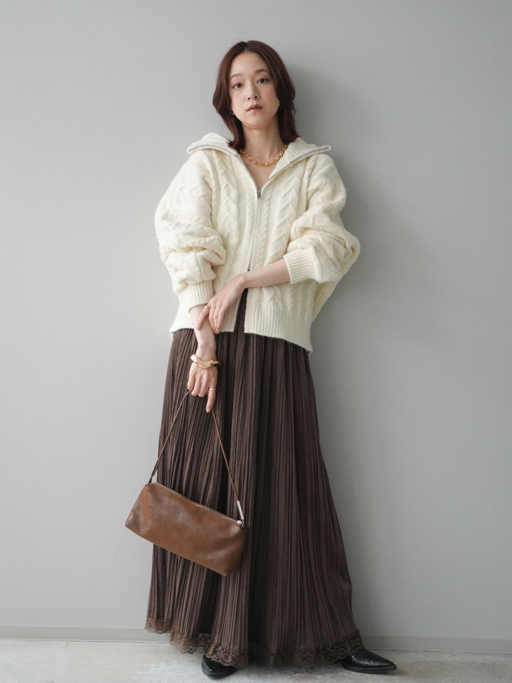 [SET]ケーブル編みハイネックZIPニットカーディガン+裾レーススウェードプリーツマキシスカート(2set)