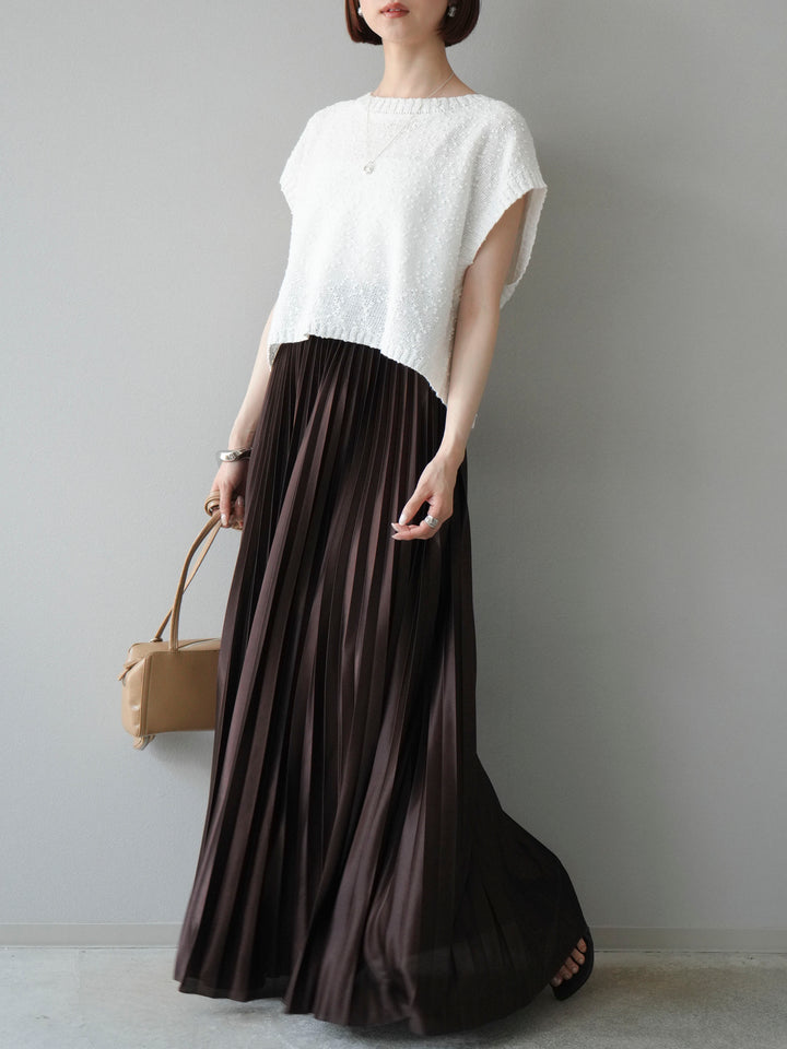 [SET]ネップヤーンクロップドニットベスト+サテンプリーツマキシスカート(2set)
