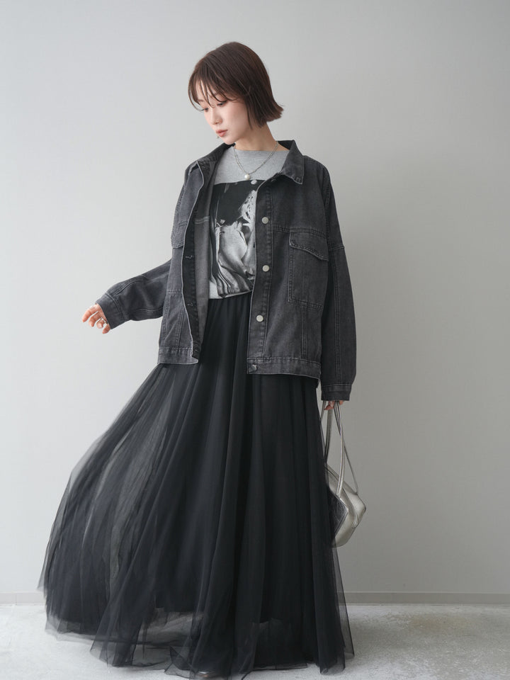 [SET]ルーズシルエットデニムジャケット+チュールボリュームスカート(2set)