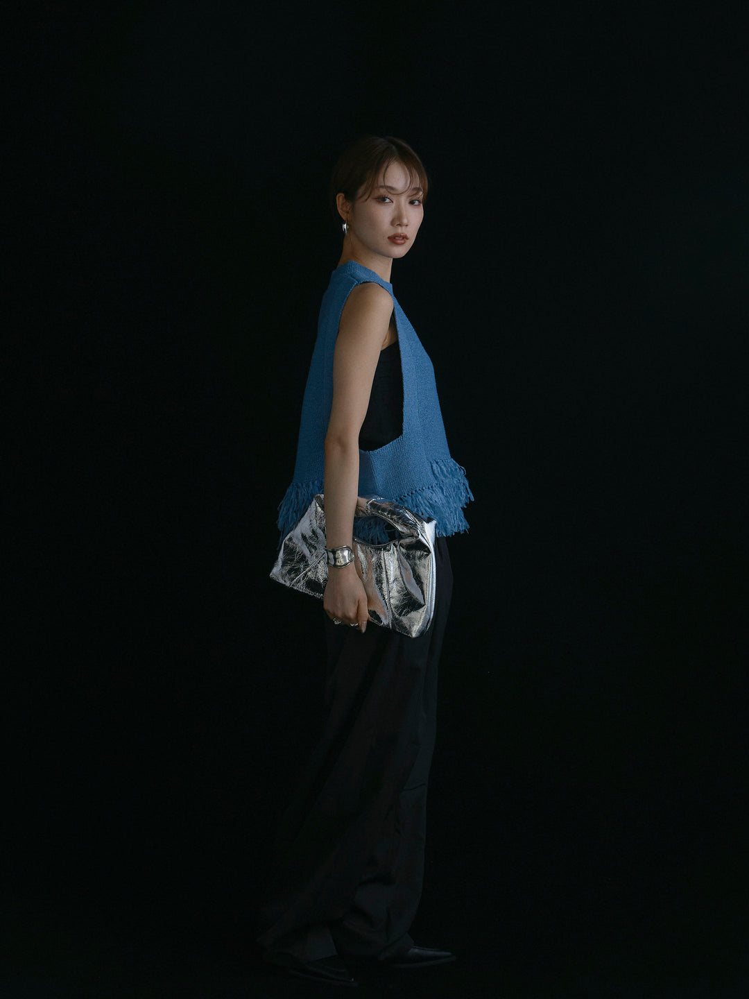 【Allure】[SET]フェザーヤーンニットベスト+タフタワイドカーブパンツ(2set)