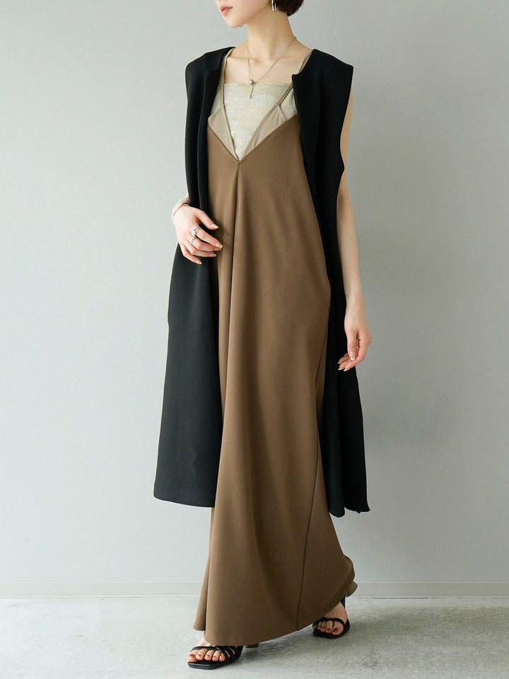 [SET] Bicolor layered design cami dress + pearl design ponte long gilet (2set)